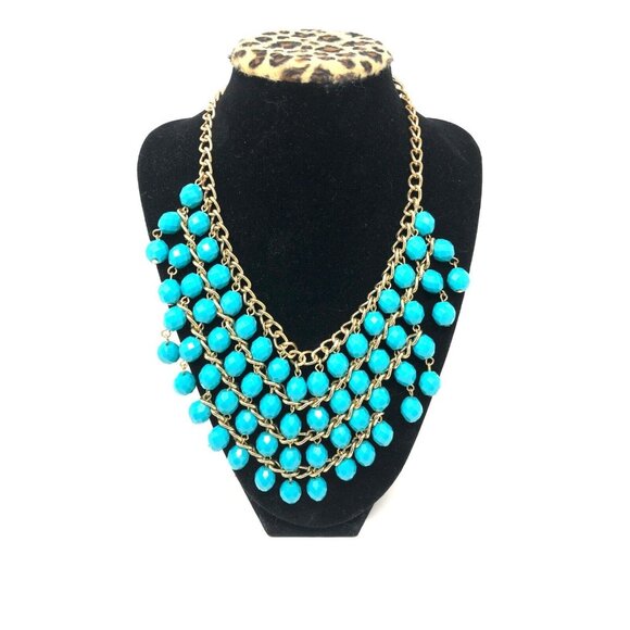 Statement Bib Necklace Gold Tone Teal Blue Beads 18" - Picture 1 of 4